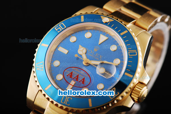 Rolex Submariner Automatic Movement Full Gold with Blue Dial-White Markers and Blue Ceramic Bezel - Click Image to Close